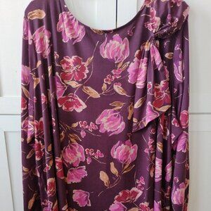 Susan Graver Burgundy Foil Print Liquid Knit Long Slv Top w/ Tie Accent- 5X- NWT
